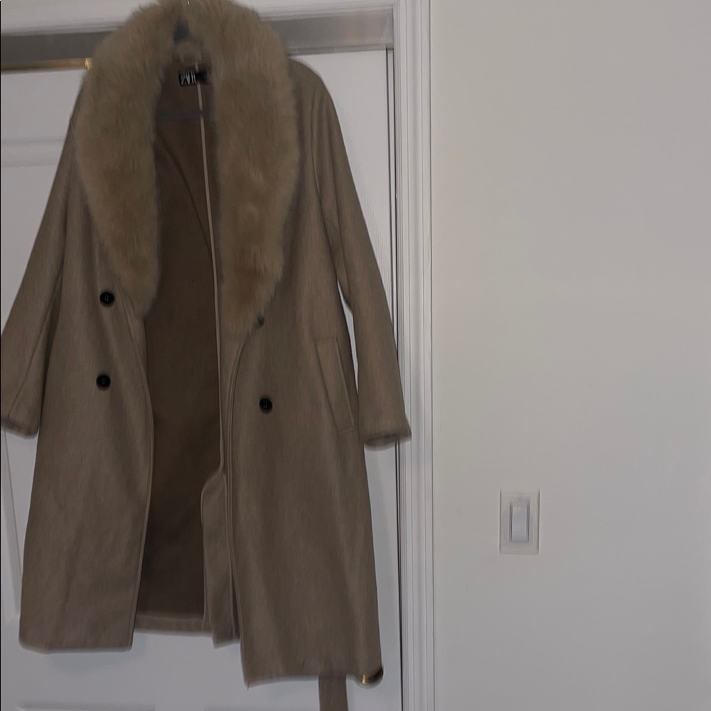 Zara Brown Pea Coat with Fur Collar